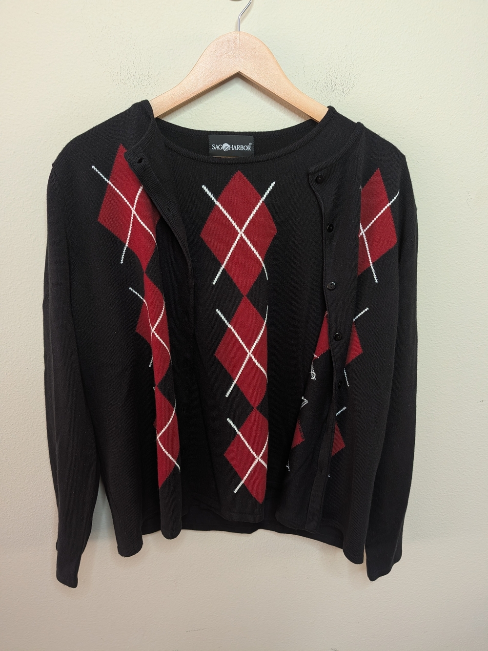 Vintage Sag Harbor Black Red Argyle Twinset Cardigan & Shell Sweater Set Size L